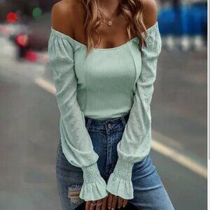 Women’s Mint Green Cowl Neck Stretch Ribbed Long Sleeve Blouse